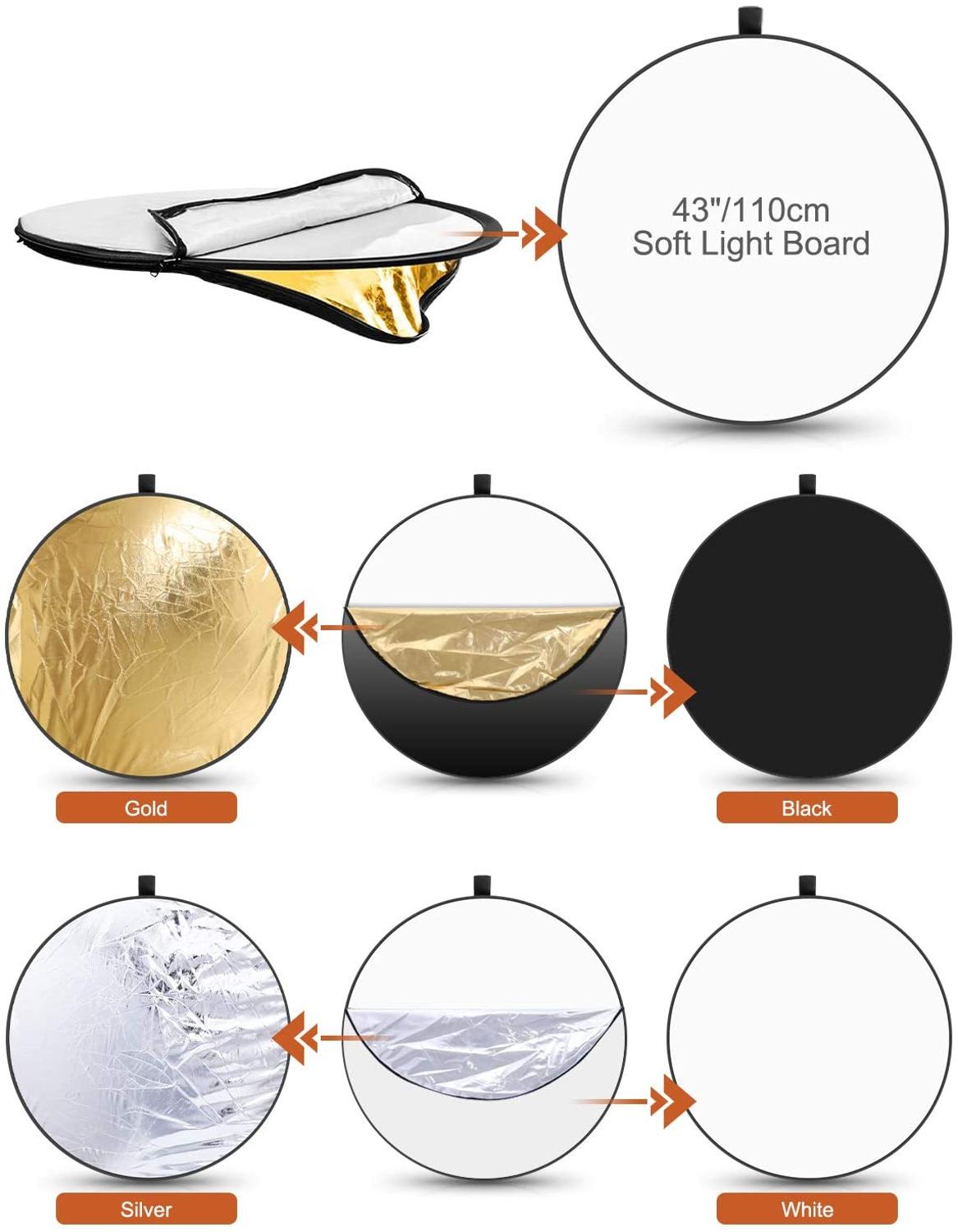 NEEWER Riflettore 5-in-1 Da 110cm – Pieghevole Con Oro, Argento, Bianco, Nero E Traslucido, Per Studio Fotografico