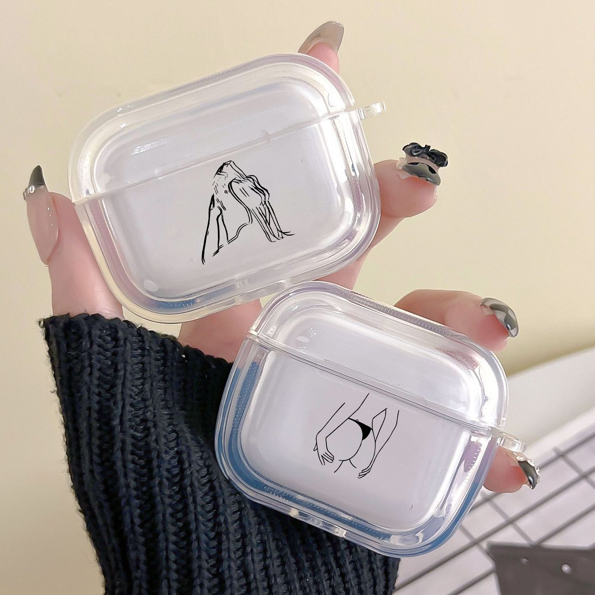 Funda protectora transparente para Apple Airpods 2 1, fundas de auriculares con gancho, negro, línea Sexy, arte rosa, amante, Airpod Pro 3 Pro2