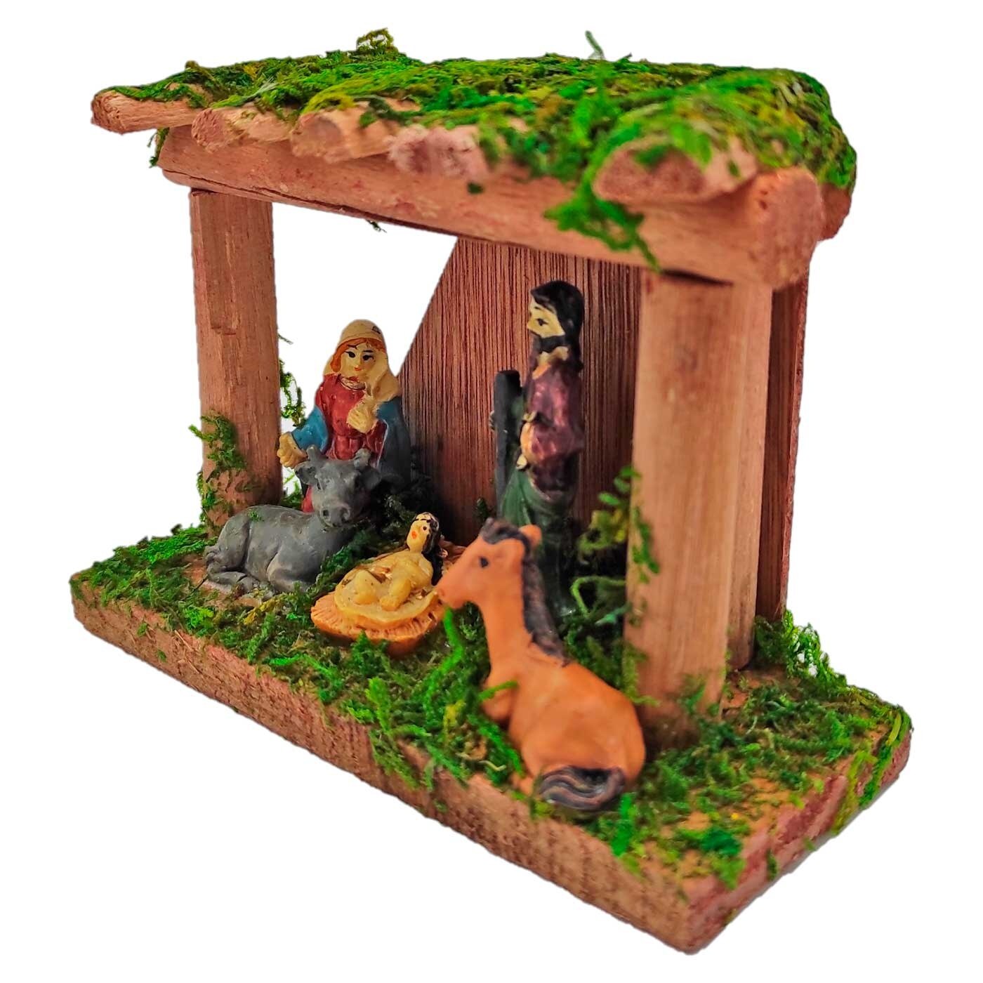 Portal de belén, cueva con figuras del nacimiento 8,5 x 12 x 5 cm, niño Jesús, virgen María, José, buey y mula, pesebre belén n