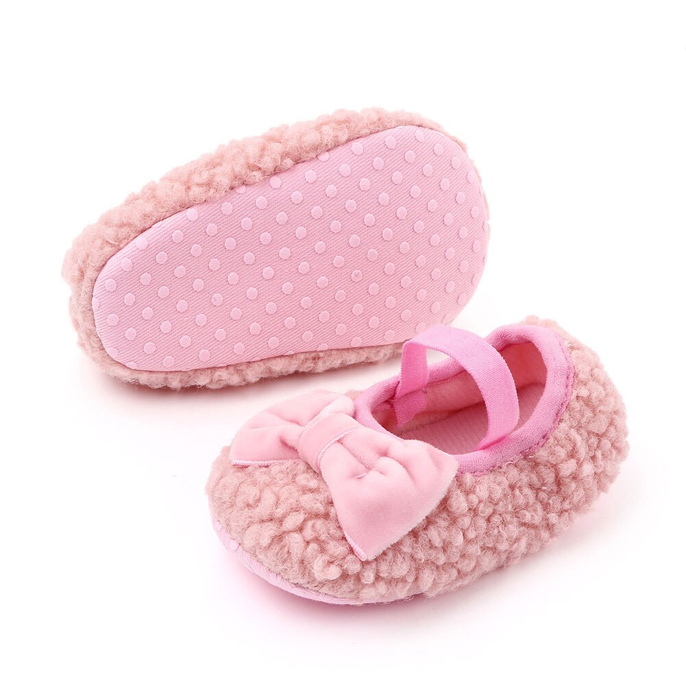 Baby Boys Girls Fleece Slippers Soft Sole Crib Shoes With Bow Anti-Slip Fleece Solid Color Toddler First Walker Shoes