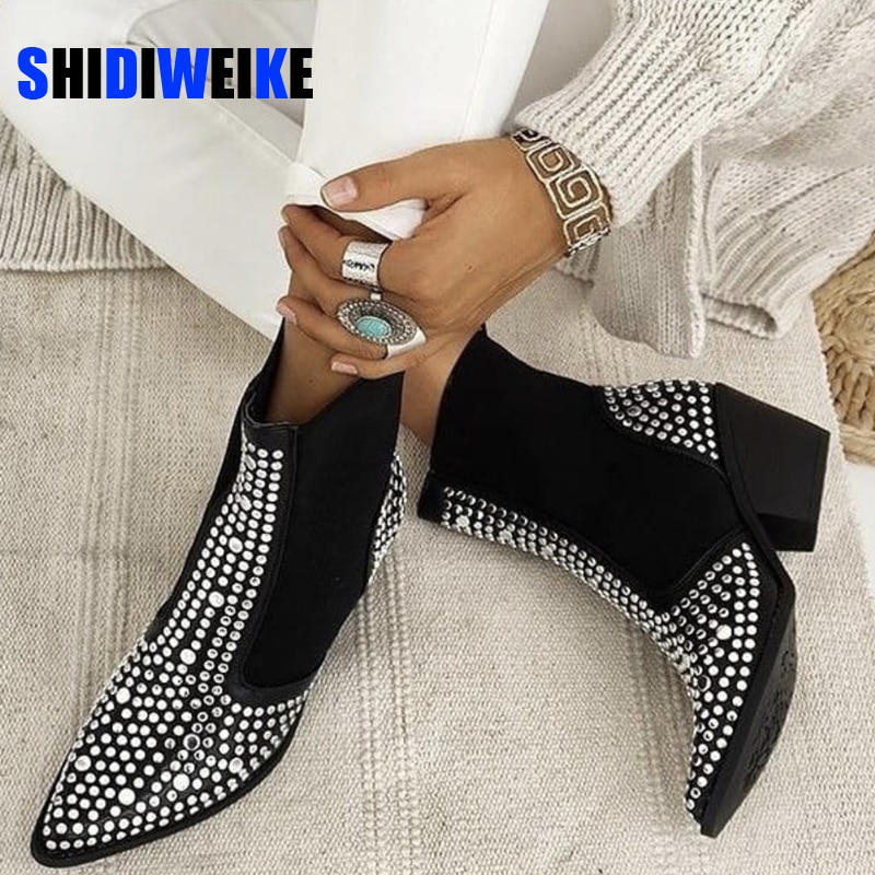 Botines de mujer con remaches cuadrados de estilo británico, botas de decoración estilo vaquero occidental con punta puntiaguda, tachuelas para Otoño e Invierno