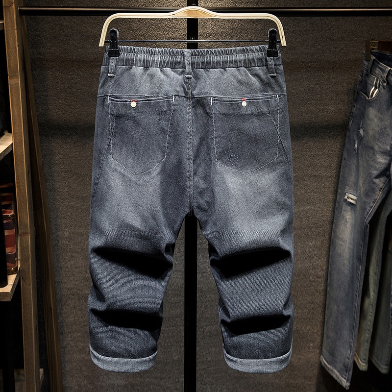 Plus size 5xl 6xl 7xl himmelblå mænd løse korte jeans sommer avanceret stretch casual denim cropped bukser mandligt mærke
