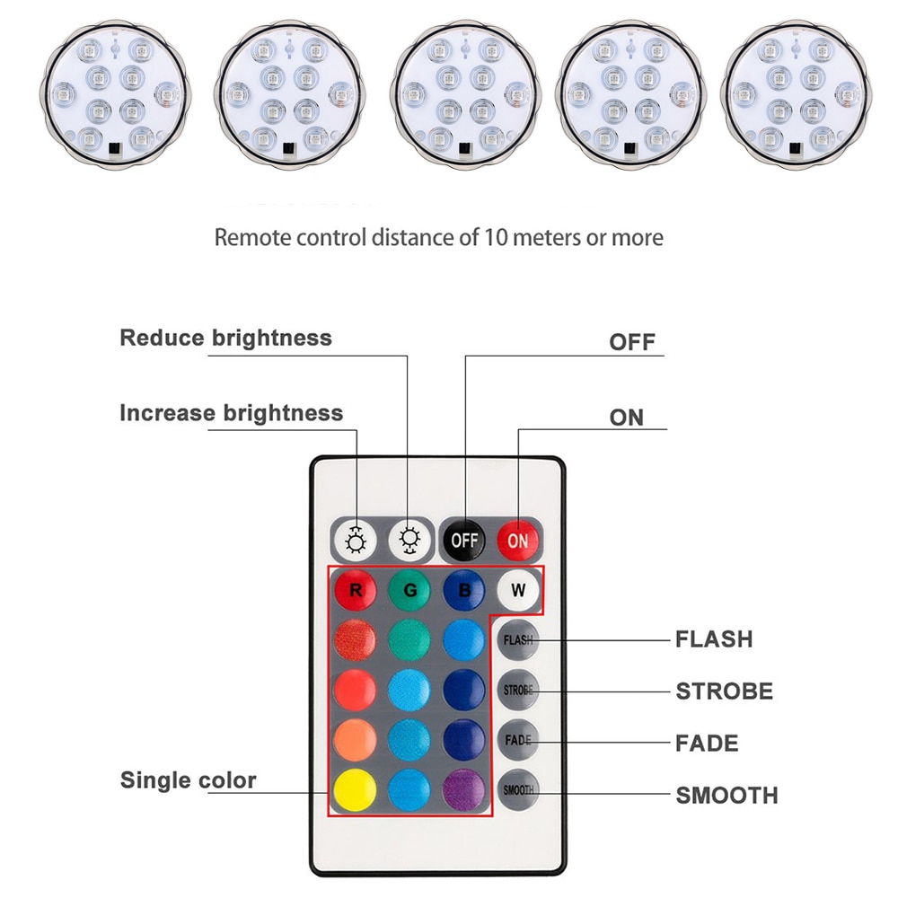 10 LED RGB Submersible Light Swimming Pool Led Light Underwater Light Battery Operated Garden Pond Lights for Aquarium Vase Bowl