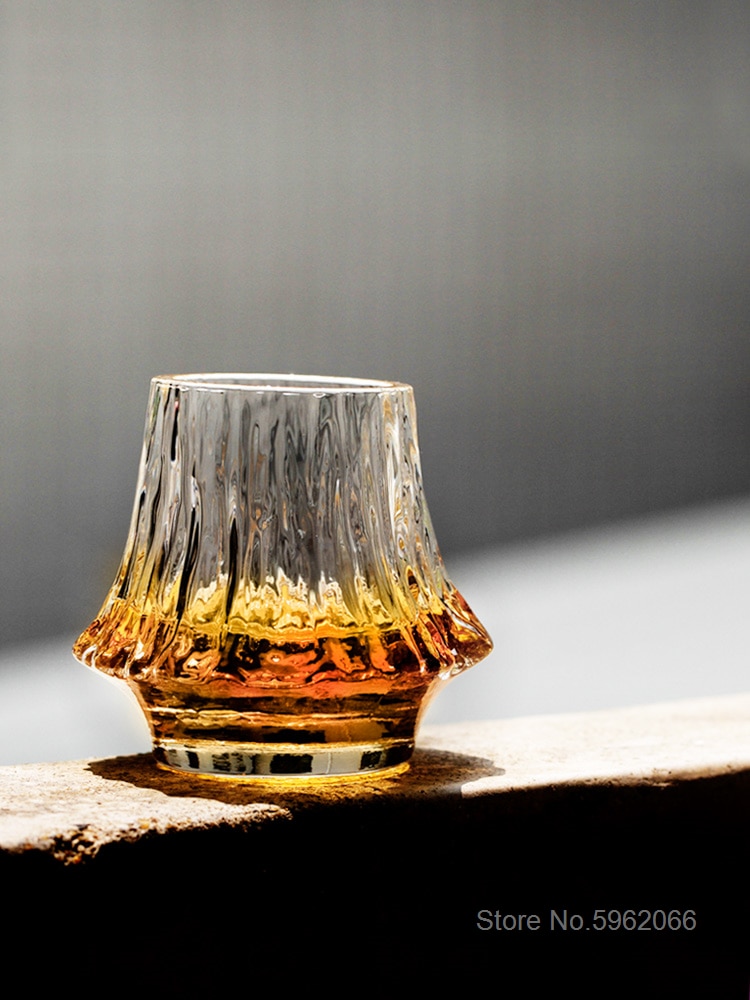 Japansk konst vulkan vinglas konstverk trälåda whisky tumbler mt. fuji mountain oregelbundna brandy snifter cup