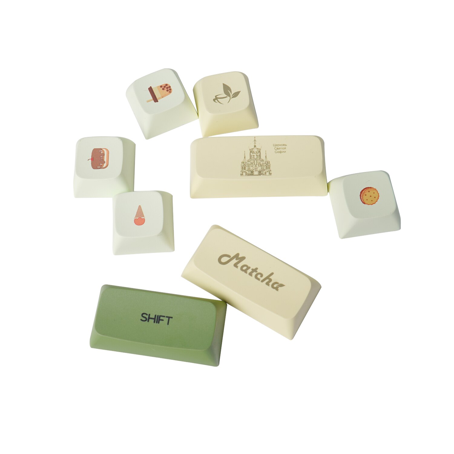Pbt keycaps, matcha theme, xda profile, japanese, korean, russian alphabet, mx mechanical keyboard switches, 61 64 68 75 84 87 104