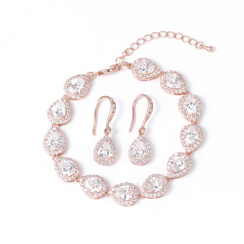 Weimanjingdian Halo Teardrop Zirconia Cz Bruiloft Armband En Oorbel Bruids Sieraden Set Bruidsmeisje Sieraden: SET Rose Gold