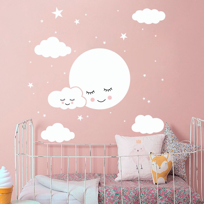 Hvid tegneserie smiley sky stjerner væg klistermærke børn baby værelser dekorationer vægmaleri soveværelse tapet hjem mærkater børnehave klistermærker