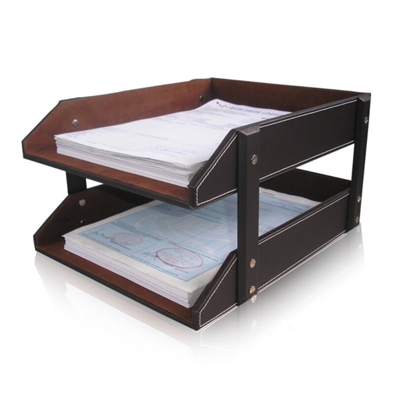 A4 Document File Organizer Tray Double Layers Desk PU Leather Paper Holder Magazine Rack Storage Holder for Home School