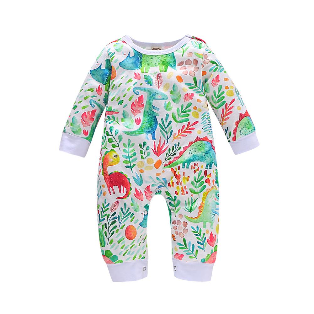 Mooie Katoen Peuter Baby Jumpsuits Ronde Kraag Lange Mouw Cartoon Dieren Planten Print Jongens Meisjes Sunsuit Casual Homewear: Green A / 3M