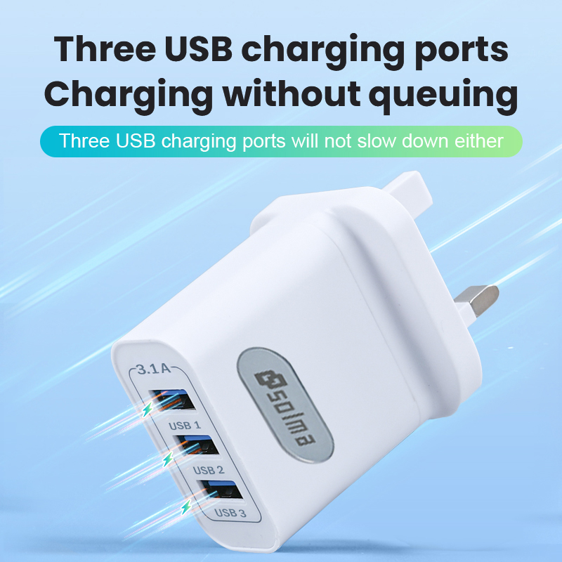 SOLMA UK standaard oplaadkop 3-poorten 3.1A USB-oplader voor iPhone Xiaomi met display mobiele stekker universele snellader