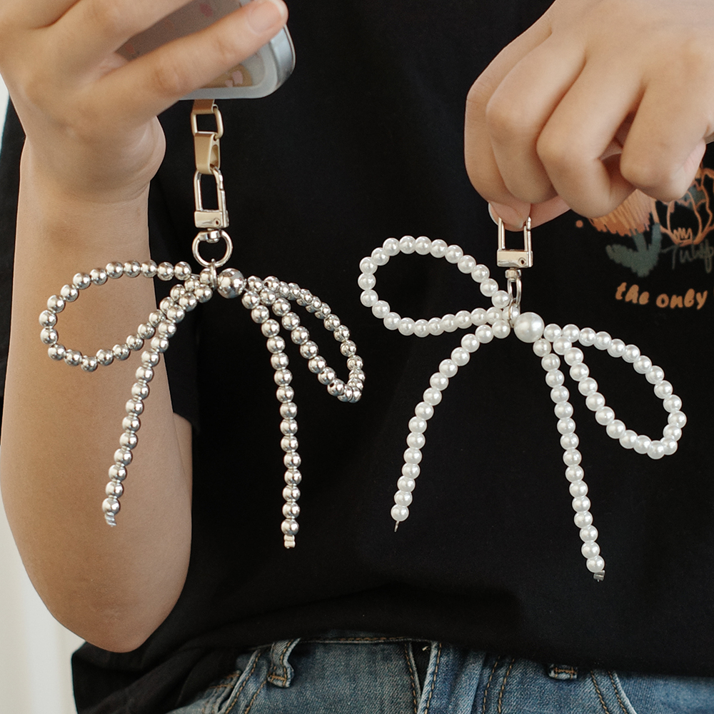 Coreano pérola arco pingente chaveiro para mulheres, moda doce, chaveiro mochila pingente de telefone móvel artesanal, jóias ornamento presentes