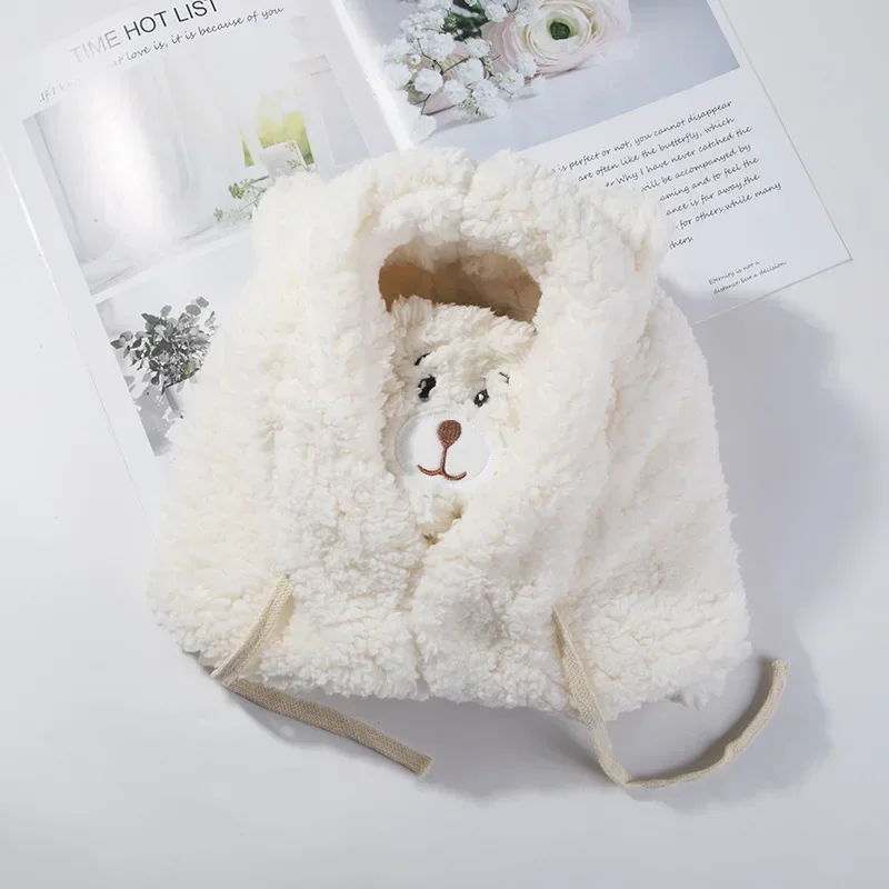 Bonnet avec masque pour femme et fille, cagoule chaude, épaisse, Protection des oreilles, dessin animé, ours, agneau, automne: White