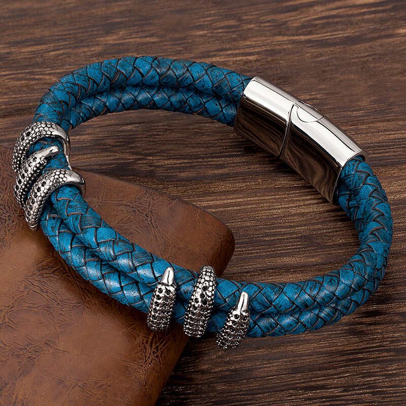 Herre armbånd i rustfrit stål vintage blåt læder guld drage klo punk smykker håndlavede reb tilbehør armringe: Sølv / 19cm