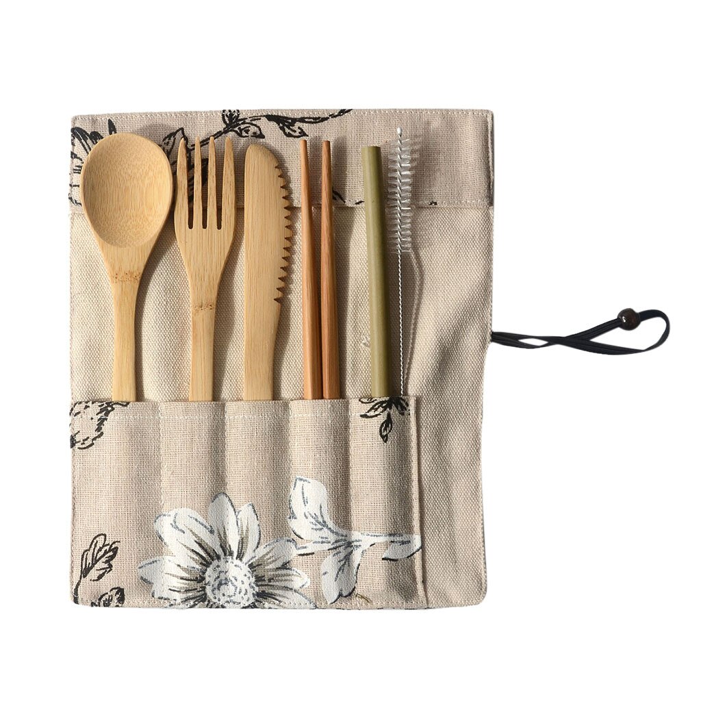 Herbruikbare Elegante Vintage Houten Bamboe Servies Bestek Zak Servies Lepel Vork Eetstokjes 7 Delige Set Draagbare Bestek Set: E