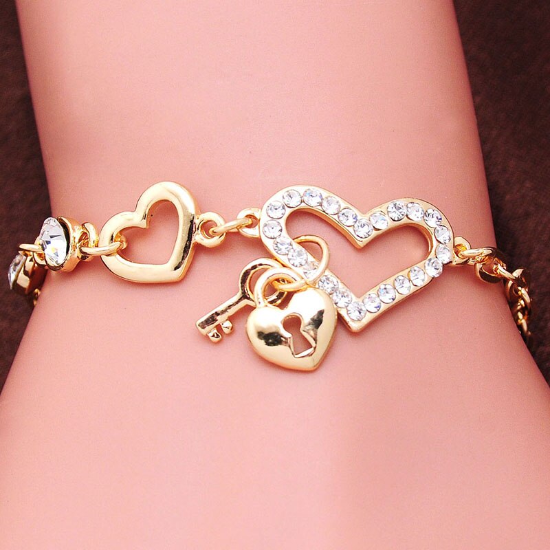 Ketting Armband Goud Kleur Vrouwen Liefde Hart Link Armband Crystal Armbanden Bangles Valentijnsdag