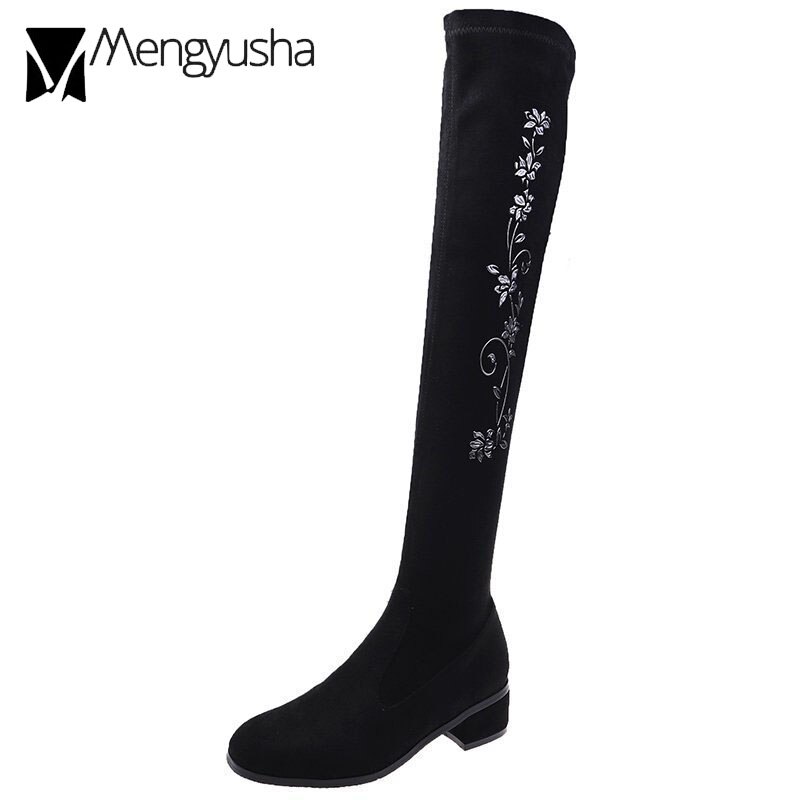 Botas altas hasta el muslo con bordado de flores para mujer, botines cómodos por encima de la rodilla, de tacón grueso, calcetín largo y delgado