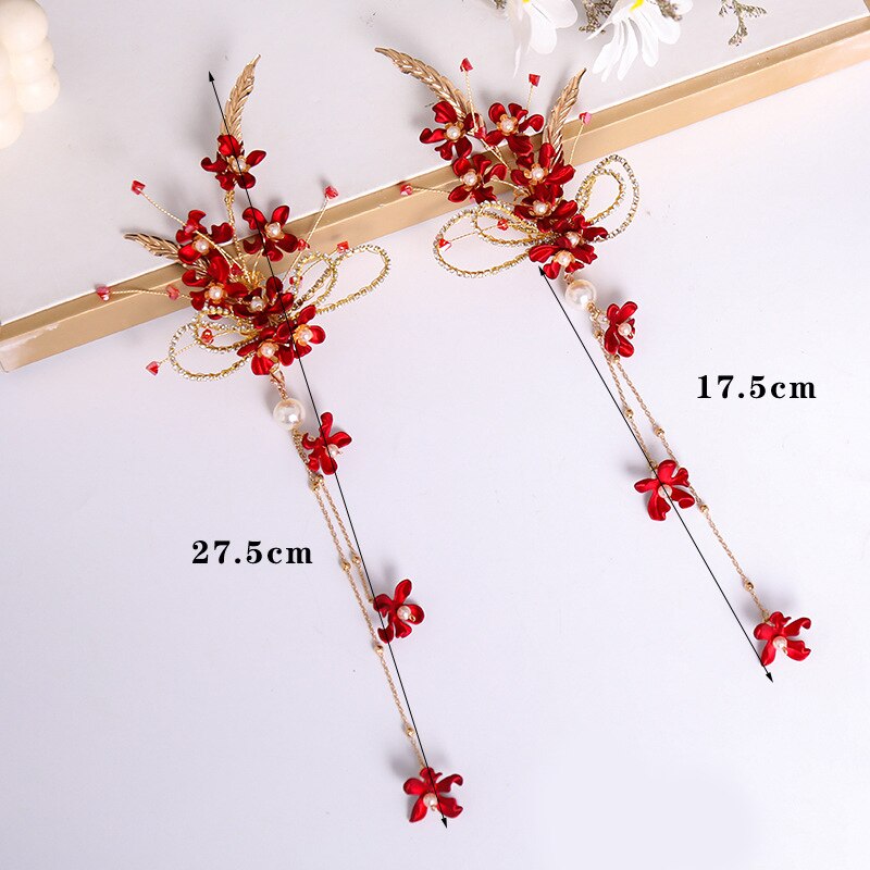 Horquilla con borla de flor roja, Clip de pelo lateral de estilo tradicional chino, tocado de hada para niñas, joyería para el cabello de novia para boda,