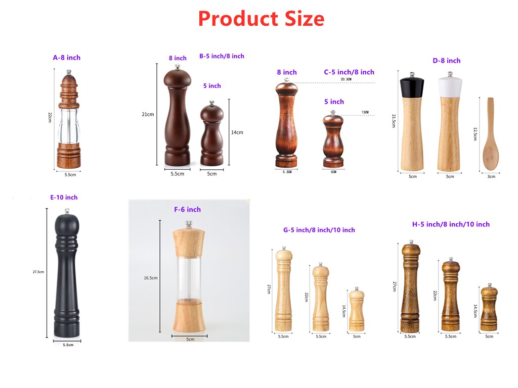 5" 6" 8" 10" Salt and Pepper Grinder, Solid Wood Spice Pepper Mill with Strong Adjustable Ceramic Grinder Kitchen Cooking Tools