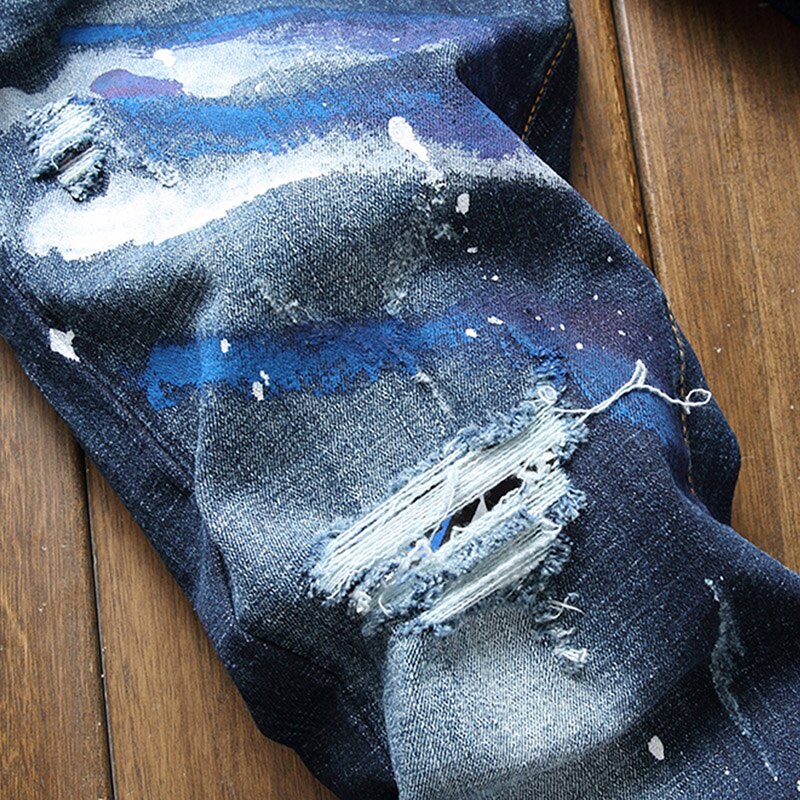 Pantalones vaqueros rasgados para hombre, Jeans rasgados azules a la , con grafiti de tinta contra salpicaduras, ajuste Regular, elásticos, de ,