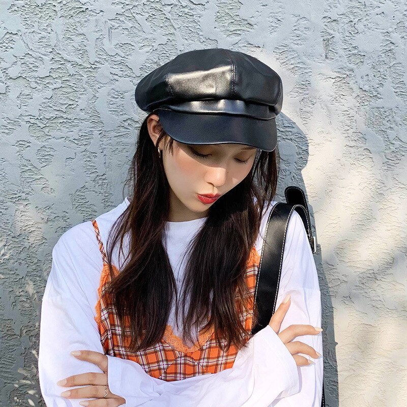 Cuero octogonal cap mujeres invierno otoño cap casual boina Hat niñas artista pintor cap hombre tapa plana