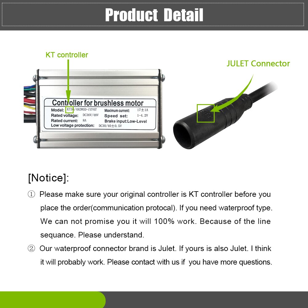 Elektrische Fiets Controller Kt 17A 36V48V 250W 350W 6 Mosfet Borstelloze Motor Controller Met Licht Functie Voor Conversie kit