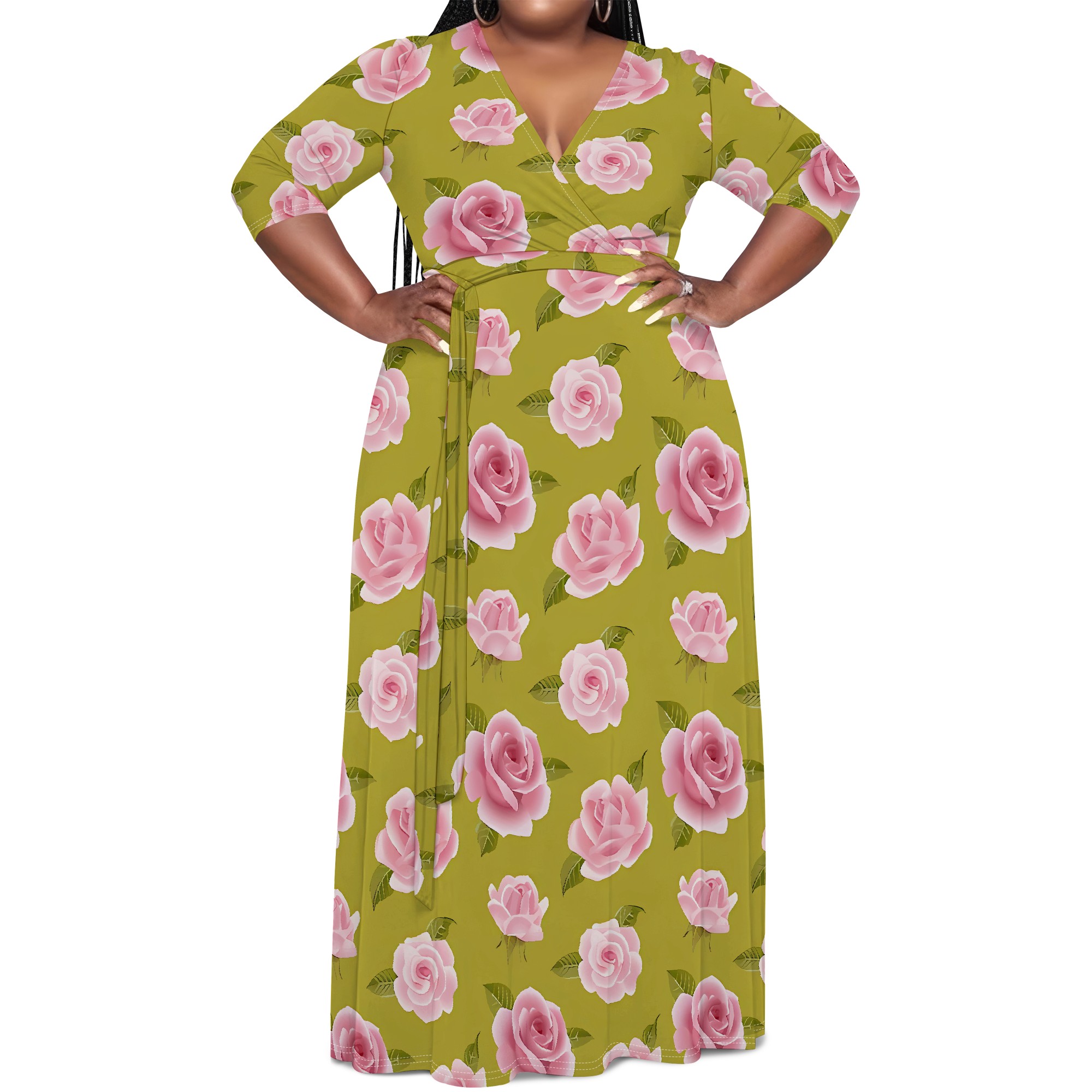 Plus size grøn blomsterprint slå-om maxikjole til kvinder sommer afslappet ferietøj: 2xl / Rød