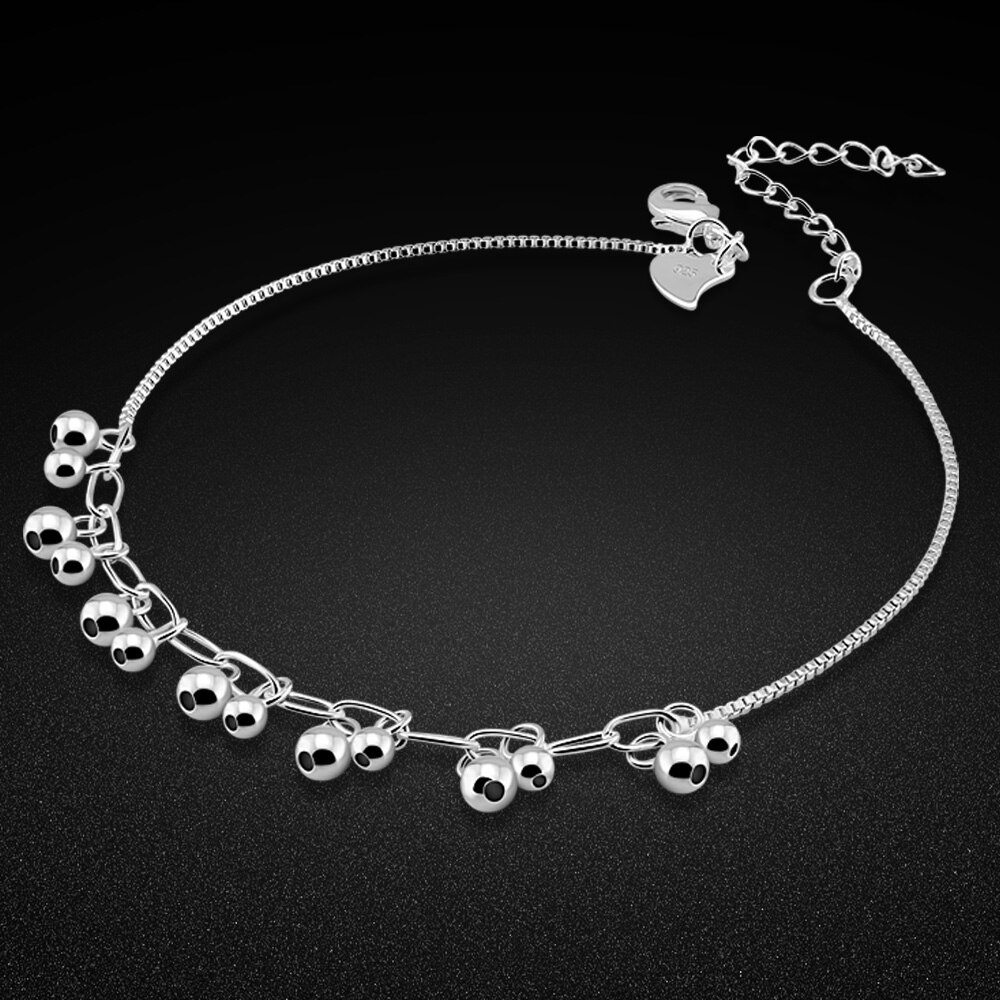 Tobillera de Plata de Ley 925 auténtica para mujer, joyería de verano, pulsera de cuentas redondas para tobillo, para novia