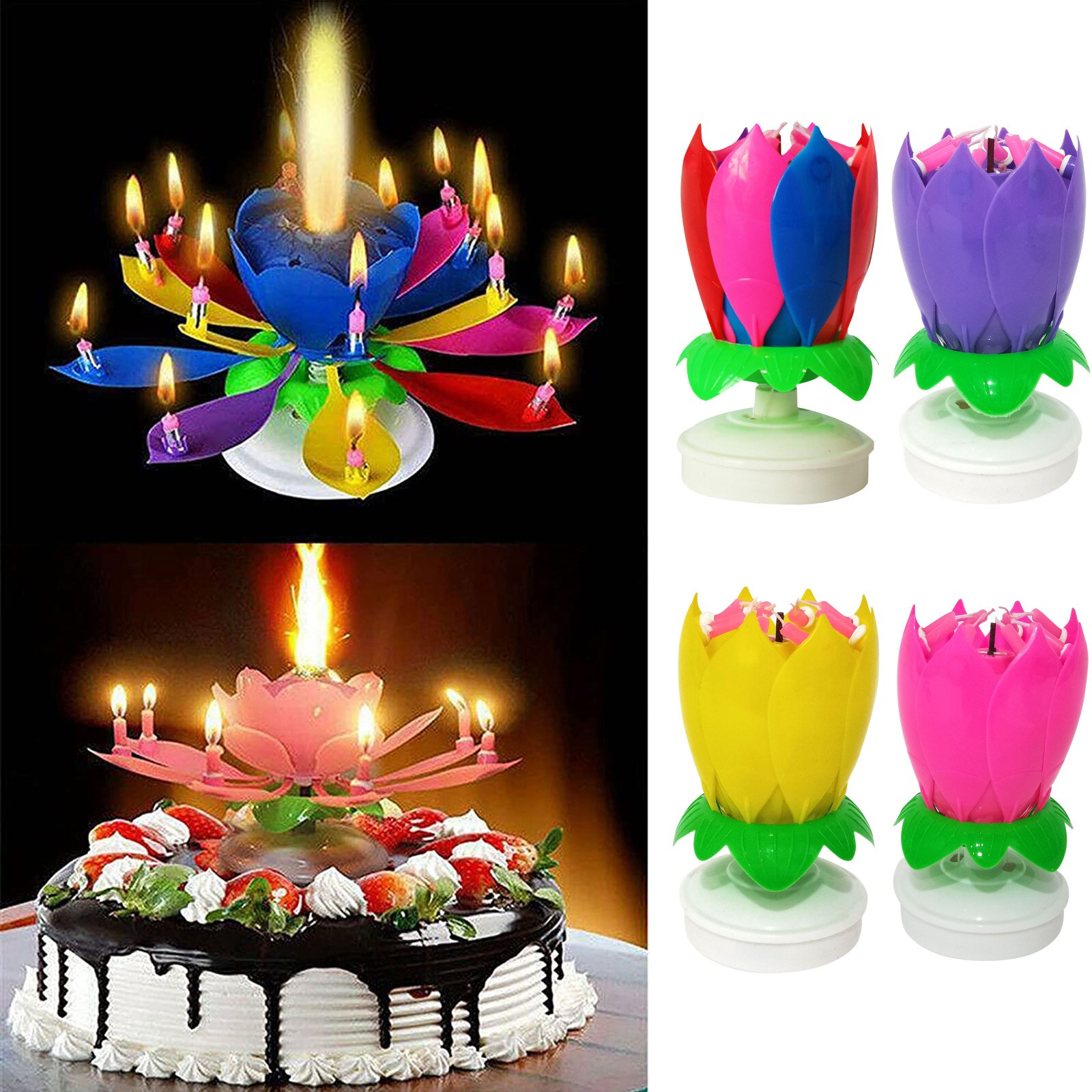 Vela Musical giratoria exquisita con forma de flor de loto, velas desechables, de de cumpleaños, pasteles para niños, decoraciones DIY,