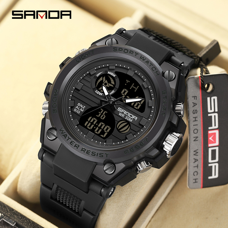 Reloj electrónico SANDA 739 para hombre, cronómetro de cuenta regresiva doble de lujo, resistente al agua, deportivo, Digital, luminoso, batería Original japonesa