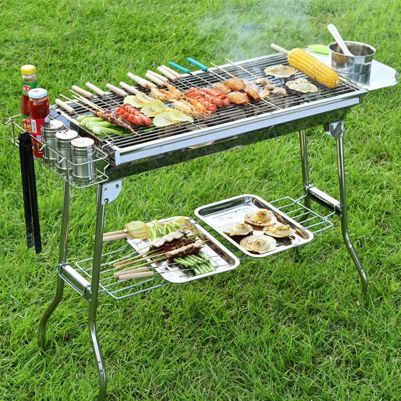 Outdoor Stainless Steel Barbecue BBQ Grill Portable Folding Barbecue Camping Tools With Rack Seasoning Board