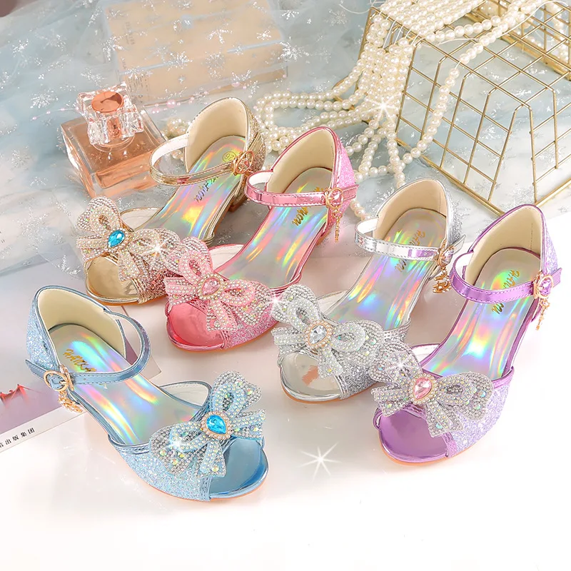 Sandalias de verano para niñas con tacón, zapatos con purpurina brillante y diamantes de imitación a la , zapatos de baile con perlas y pajarita de princesa para niños H876