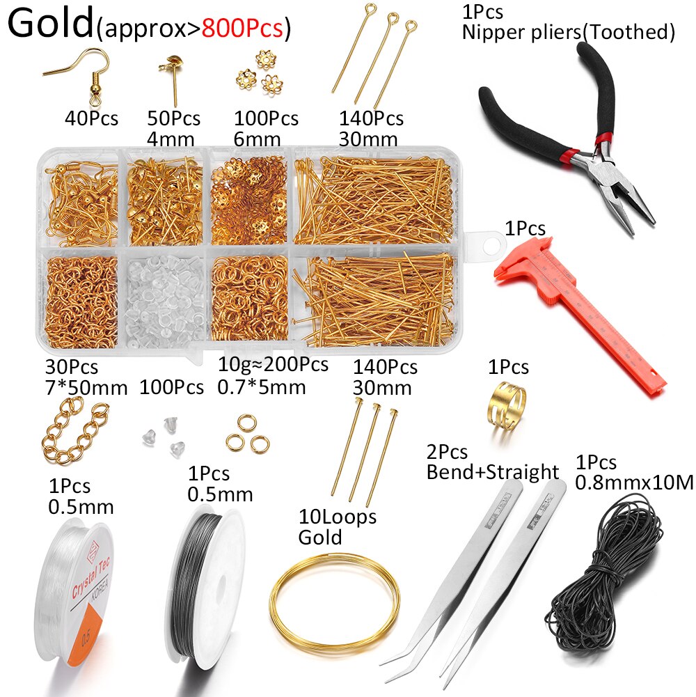 800 Stks/partij Sieraden Maken Kits Oorhaak Jump Ringen Oorbel Haak Gesp Pins Reparatie Tools Voor Diy Sieraden Maken Bevindingen set: gold