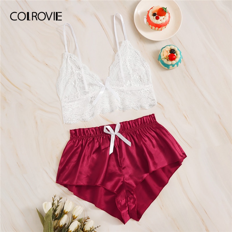 Colrovie Floral Lace Bralette With Satin Shorts Sh Grandado