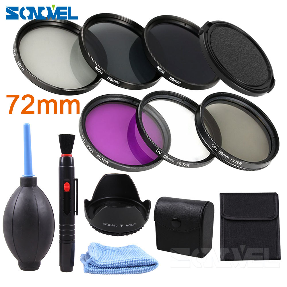 49 52 55 58 62 67 72 77 82mm UV CPL FLD ND2 ND4 ND8 Grijsfilter Kit + zonnekap + Cleaning kit Voor Canon Sony Nikon: 72mm