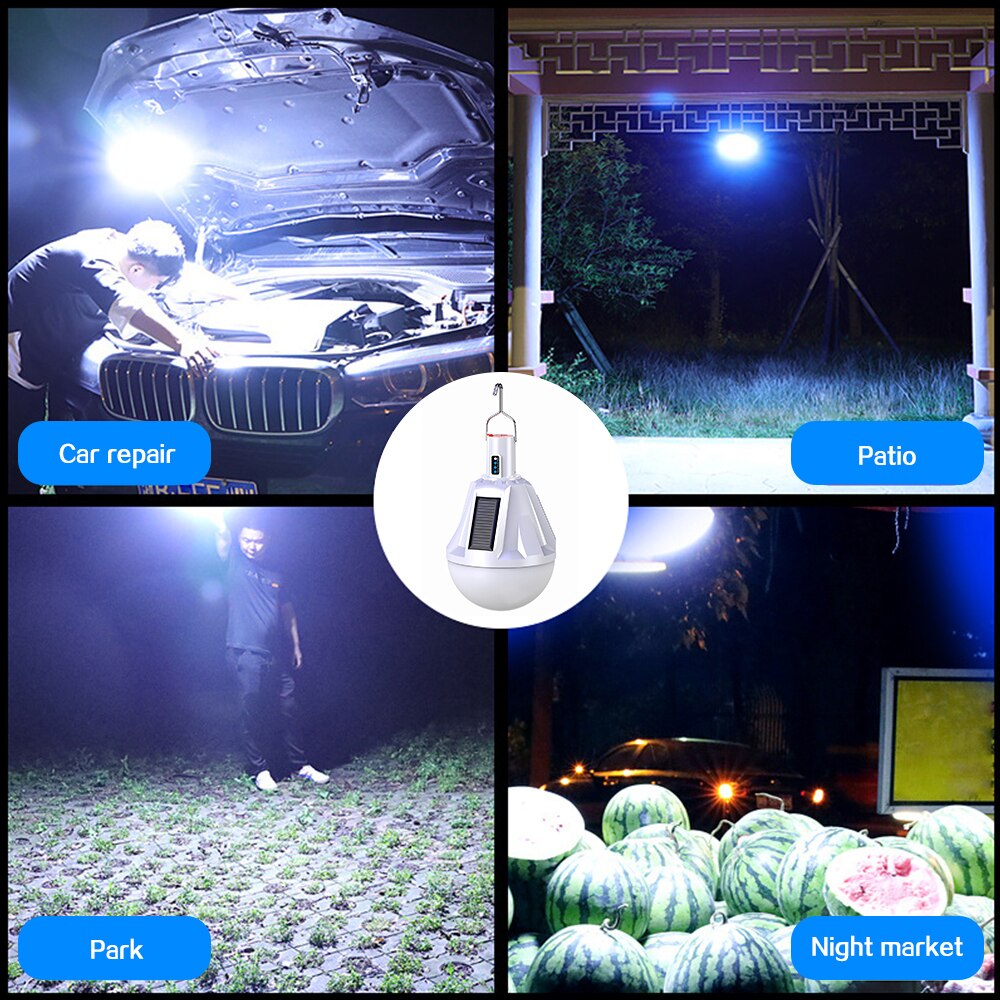 300W 3 Side Solar Charging Bulb Outdoor Mobile Night Market Stall Lamp With Built in Battery Portable Lamp With Hook Light