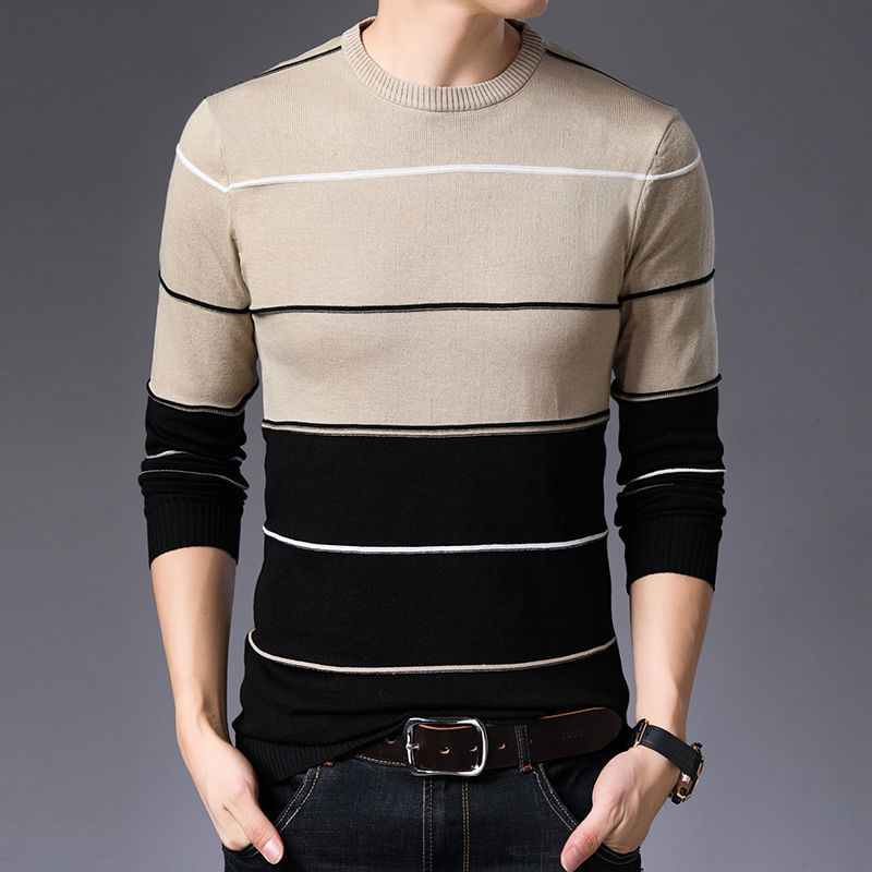 KPOP Style Harajuku Slim Fit Undershirt Casual All Match Knitwear Insert O Neck Stripe Patchwork Long Sleeve Sweaters: L / SKY BLUE