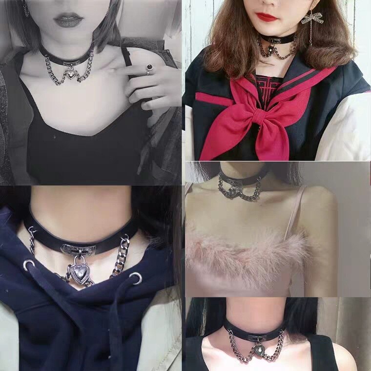 Harajuku Punk noir métal grosse chaîne coeur pendentif collier Chokers Hip hop PU cuir colliers Cool filles colliers pour les femmes