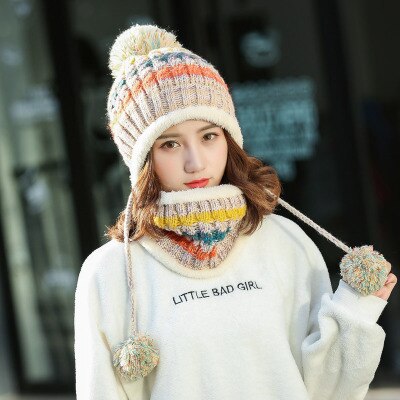 BINGYUANHAOXUAN-gorro de punto para mujer, gorros con bufanda, gorros, gorros de invierno cálido holgado para niña, gorros de lana para niña: beige