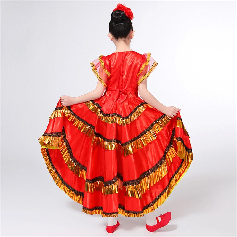 Spansk kostume pige lang rød flamenco kjole balsal nederdel flamengo piger børn danse kjoler kostumer til børn tøj  dn3038