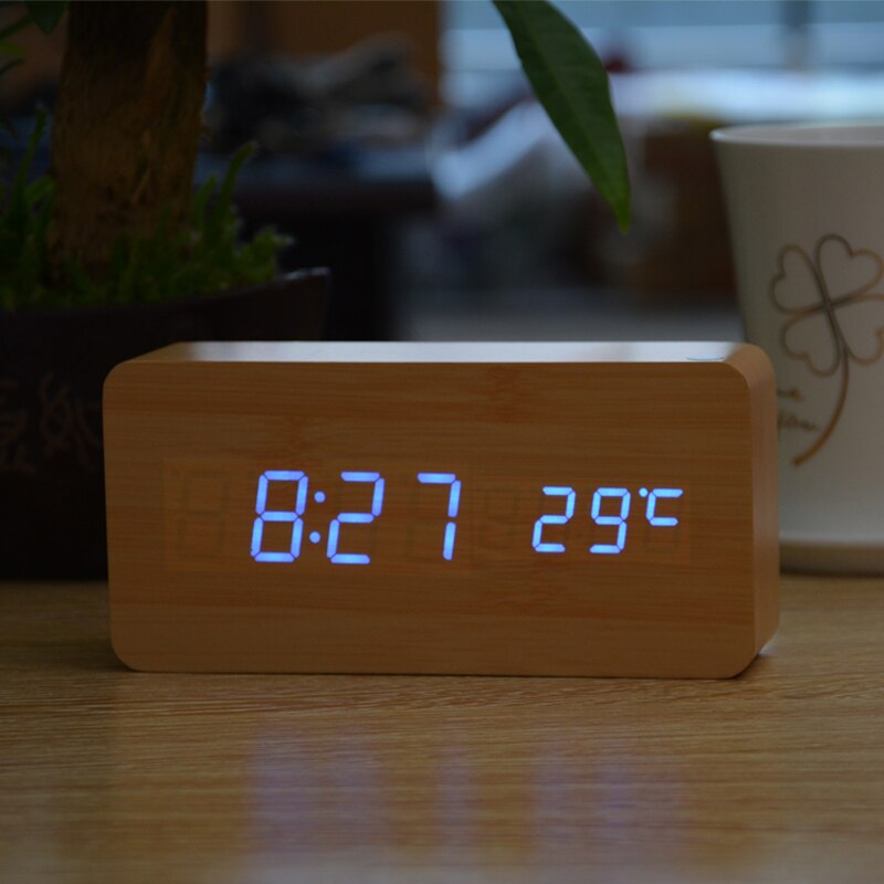 Mode Houten Wekkers Met Thermometer Eenvoudige Rechthoek Tafel Klokken Led Sound Control Desktop Decoratie Klok