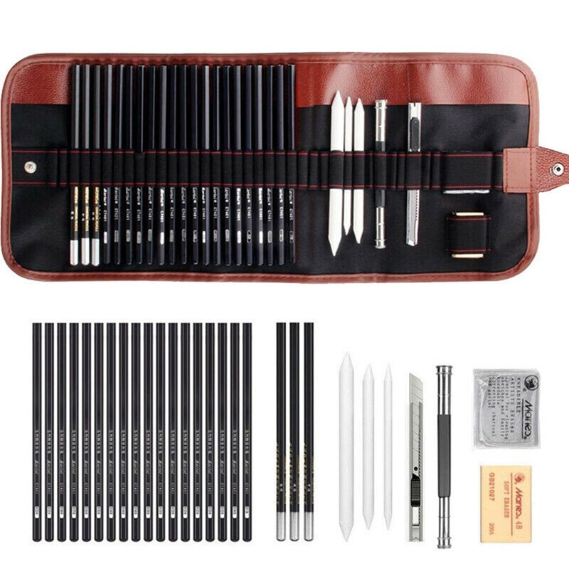 29 pcs/set Sketch Pencil Set Sketching Drawing Kit Wood Pencil Pencil Bags Painter School Students Art Supplies: Default Title