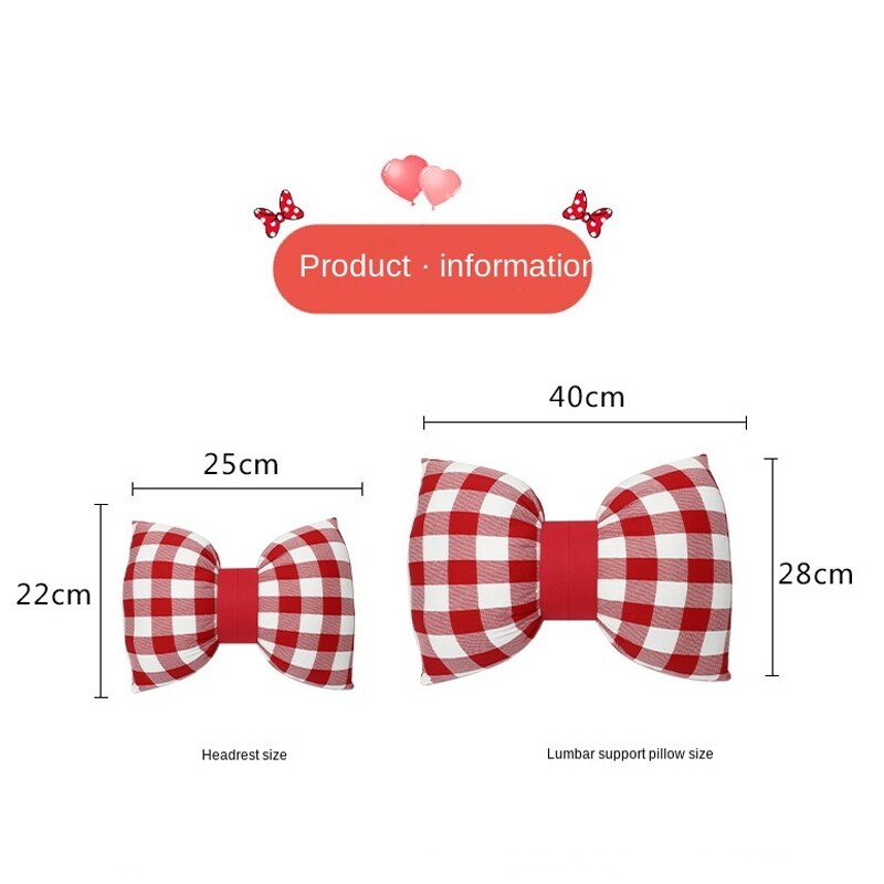 Oreiller avec nœud papillon pour appui-tête de voiture, 1 pièce, appui-tête à carreaux rouges, oreiller lombaire à carreaux noirs, coussin de siège, Kawaii, accessoires de voiture