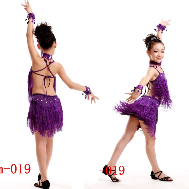 Children Sequined Latin Dance Dress Girl Salsa Stage wear Tassels Dancing Costume Kids Skating Dance Dress Gymnastics Costumes