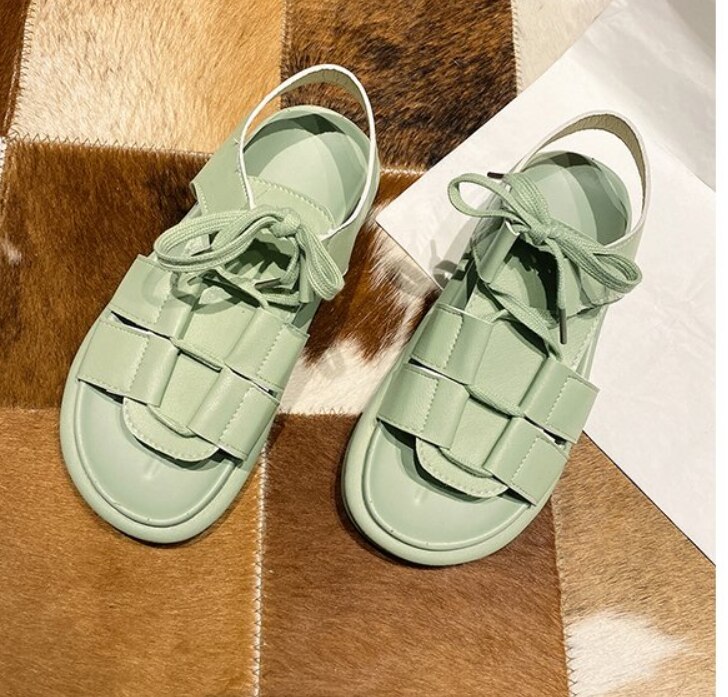 Kvinnor platå sandaler skor kvinna dam sommar kvinnliga platta klackar lädersandaler utomhus strandsko: Ljusgrön / 7