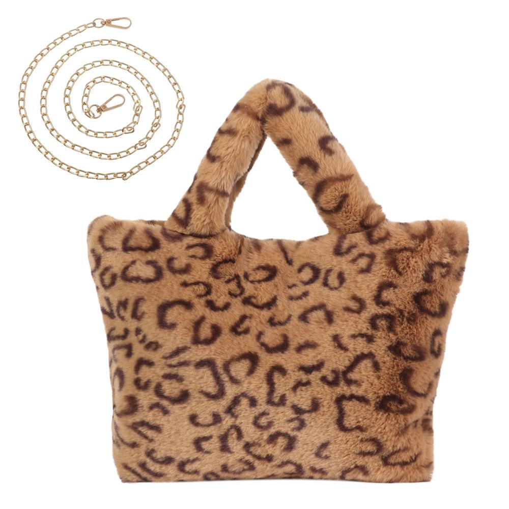 Winter Warm Fur Shoulder Bag Women Snap Button Vintage Leopard Print Bag Chain Large Capacity Plush Soft Bag