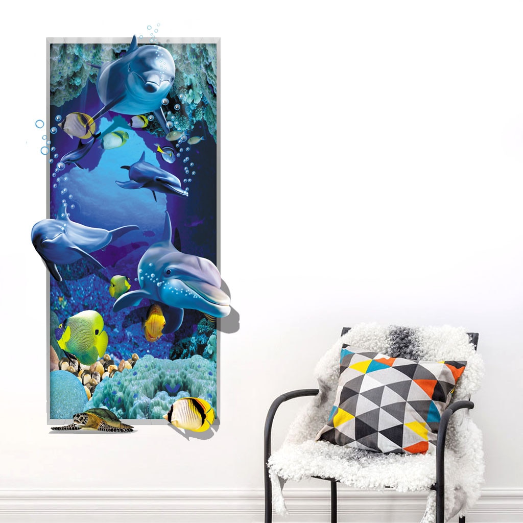 3D Dolfijn Sticker Behang Wc Koelkast Kast Glas Stickers Cartoon Muurtattoo Muurstickers Voor Thuis Slaapkamer Decor
