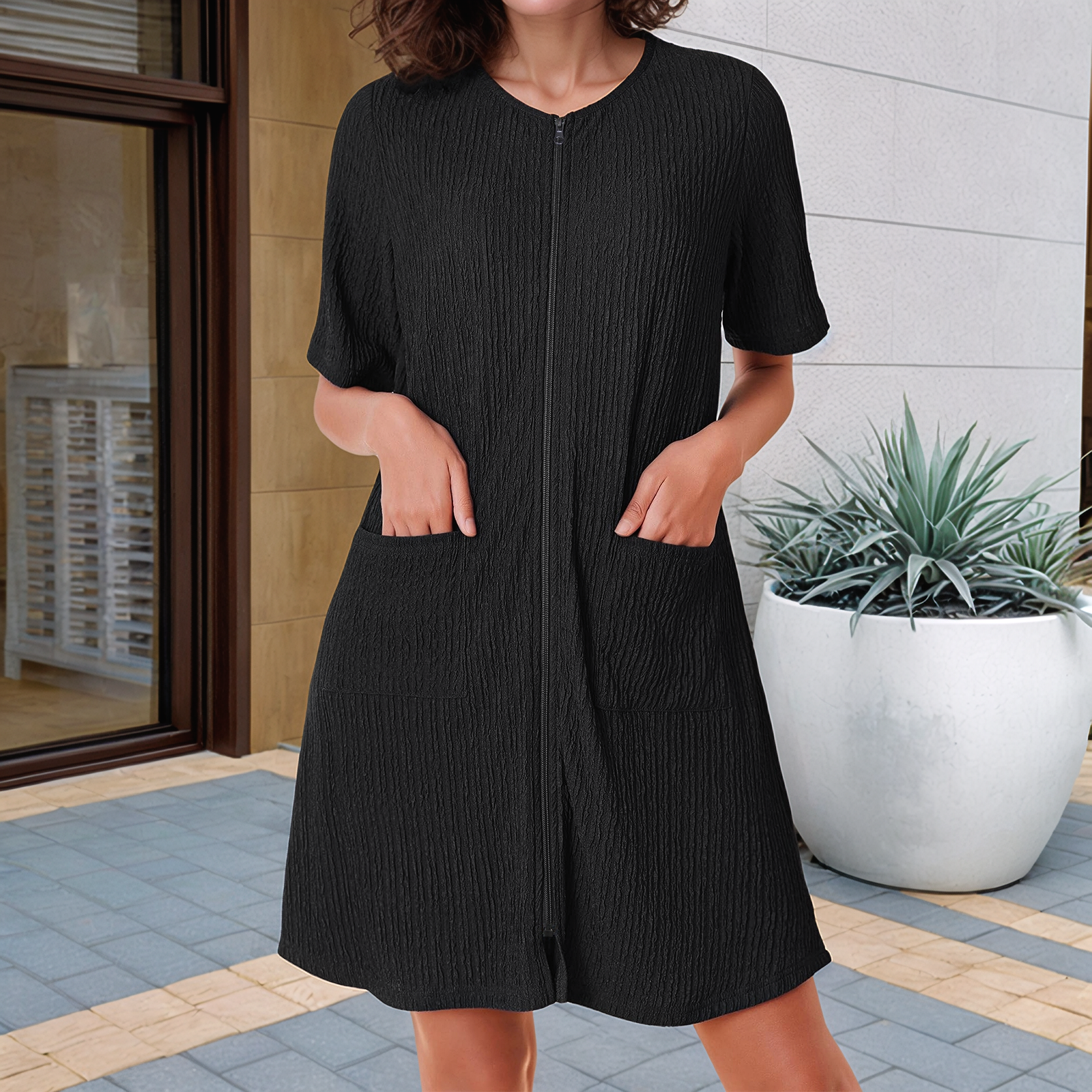 Albornoz de punto de manga corta para mujer con bolsillos, bata con cremallera, vestido de casa, ropa de dormir, camisón