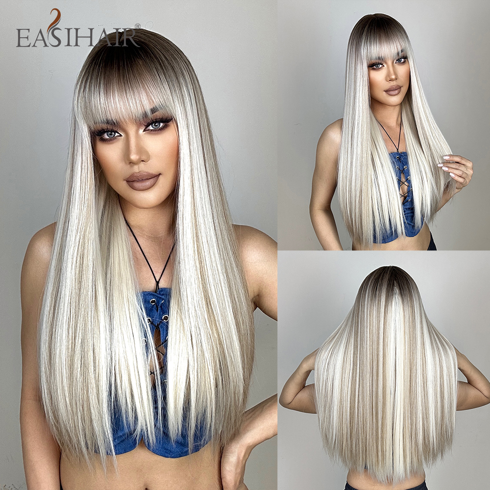 Easihair lång silverfärgad med blonda slingor syntetiska peruker för kvinnor rak med lugg naturlig peruk cosplay-hår värmebeständigt