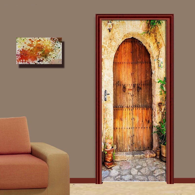 Pvc Self Adhesive Door Sticker Retro Street Wood Door 3D Sliding Door Wallpaper Living Room Bedroom Home Decorative Wall Sticker
