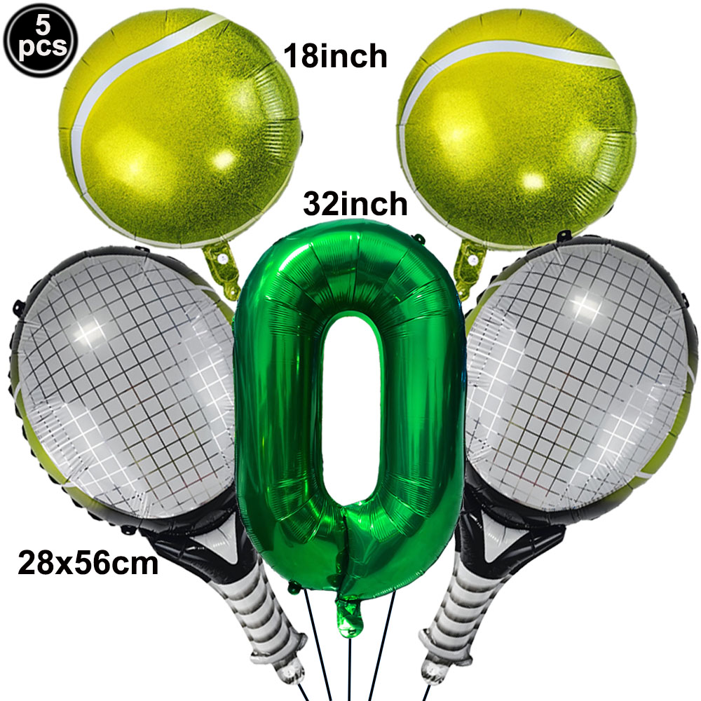 Juego de 5 uds de globos de tenis, globos de cumpleaños, globos de aluminio con números verdes de 32 pulgadas, globos de raqueta de tenis, decoración de temática de tenis: LASER